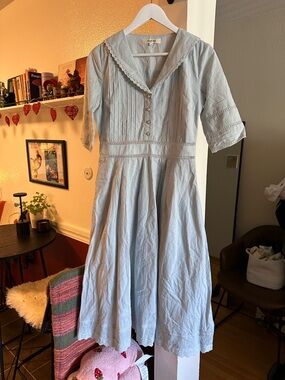 Simple Retro - FIONA 100% COTTON GRAY BLUE MIDI DRESS, size m